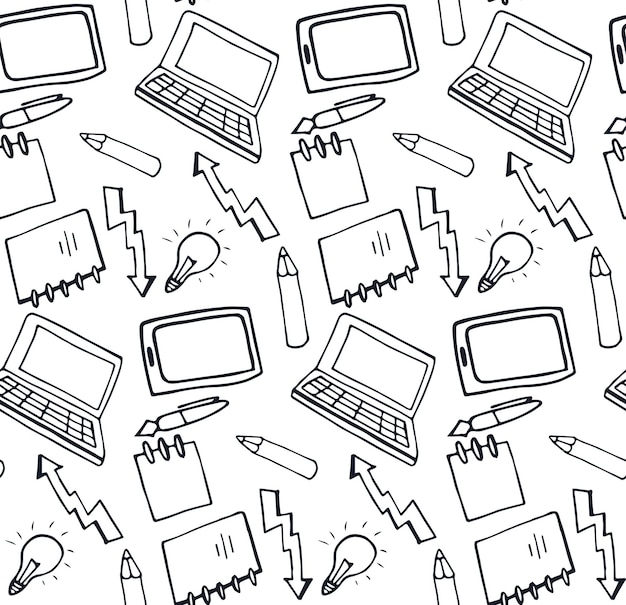 Seamless black and white pattern with an outline of objects of business