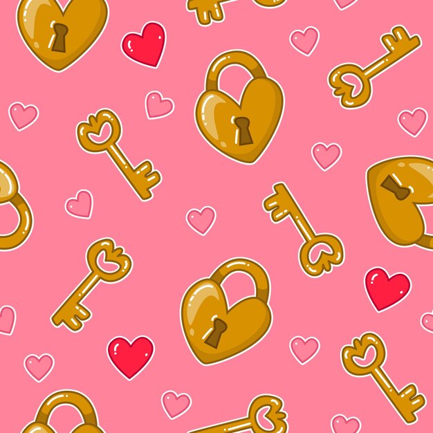 seamless cute pattern with golden keys and heart shaped locks on a pink background. vector cartoon for children's clothing, packaging, postcards. valentine's day, wedding and other holidays.
