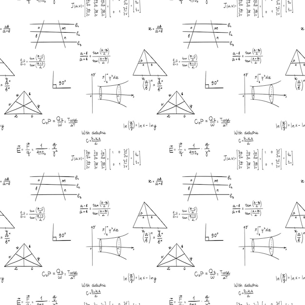 Seamless doodle vector pattern of scientific formulas on a school board in black and white