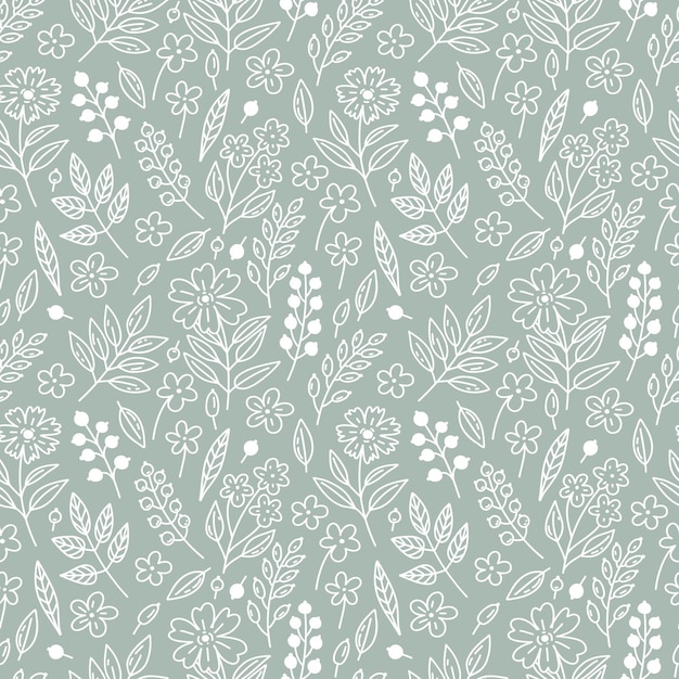Seamless floral pattern with white berries, leaves and flowers on a blue-gray background in doodle