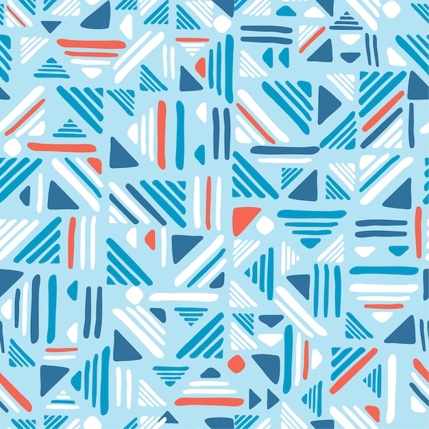 Seamless hand draw Folk patter. Weave lines ornament. Blue and red colors