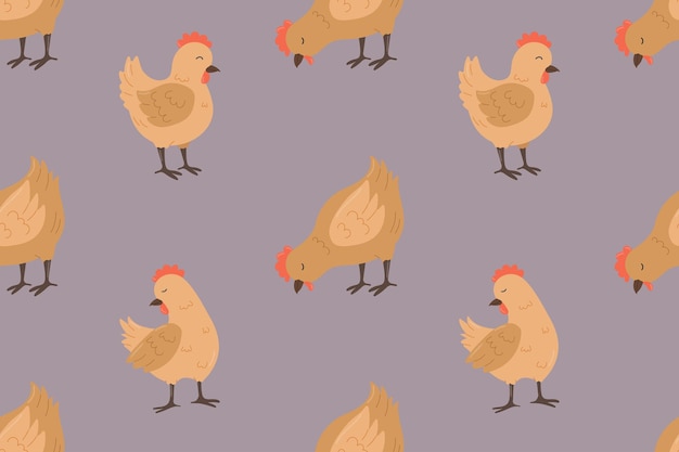 Seamless horizontal pattern with cute hen chicks on purple background
