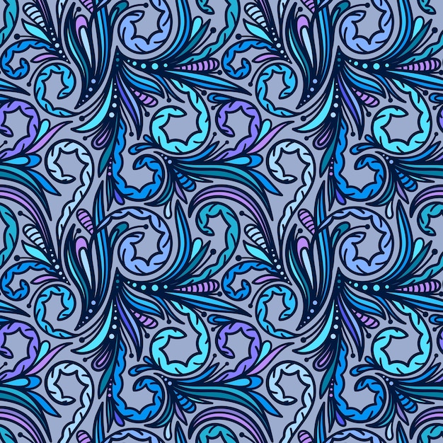 SEAMLESS ORIENTAL PATTERN WITH MULTICOLORED ELEMENTS ON A GRAY BACKGROUND IN VECTOR
