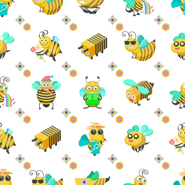 Seamless Pattern Abstract Elements Different Bee Insect Beetle With Flower Vector Design Style