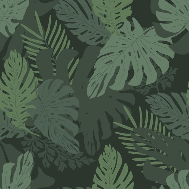 Seamless pattern deep green flat tropical leaves