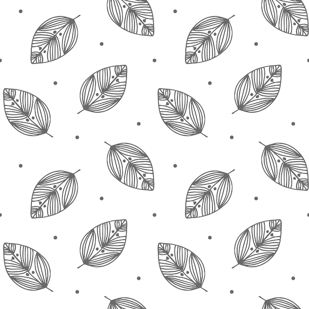 Seamless pattern hand drawn gray leaves with an ornament and dots doodles