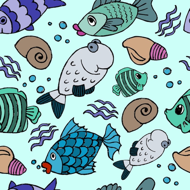 Seamless pattern handdrawn multicolored fish and shells