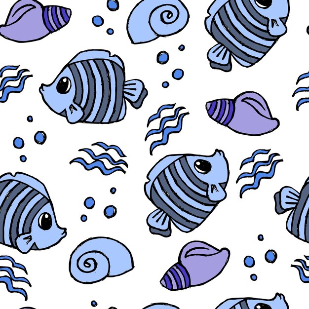 Seamless pattern handdrawn multicolored fish and shells