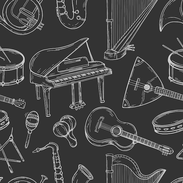 seamless pattern musical instruments hand drawn vector black and white doodle