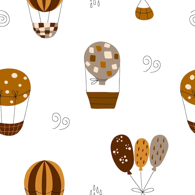 Seamless pattern of balloons in boho style in warm colors Vector illustration with weather textures