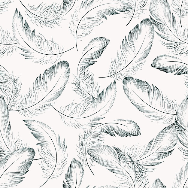 Seamless pattern of delicate feathers drawn in black ink. Texture brush and paint. Vector