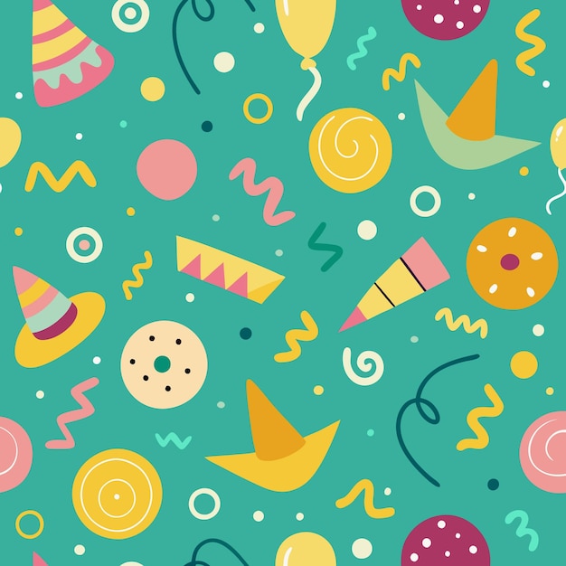 Seamless Pattern of Party Hats Balloons Confetti on Green Background