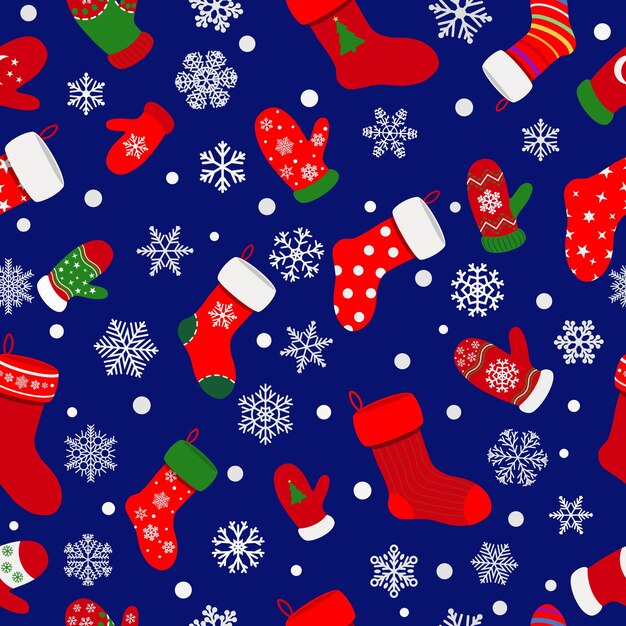 Seamless pattern of socks, mittens and snowflakes on blue background