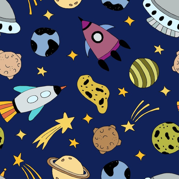seamless pattern on a blue background space rockets, stars, planets