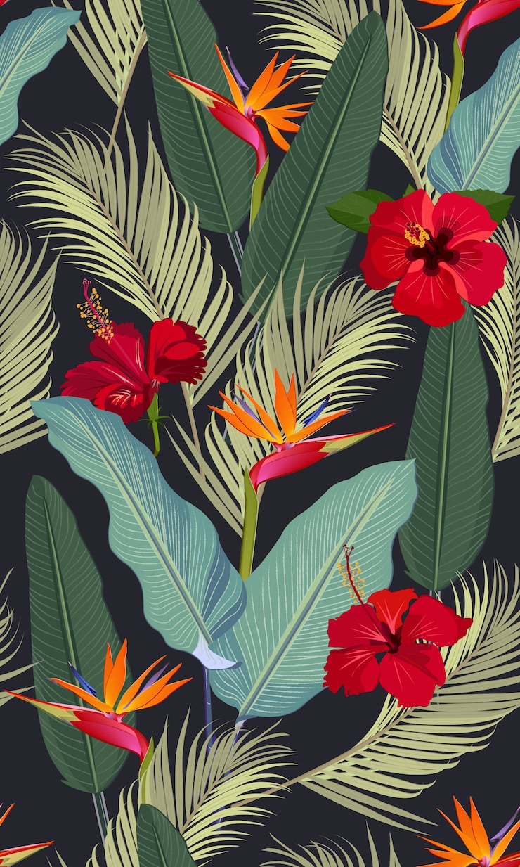 Vector seamless pattern tropical leaves with red hibiscus flower and bird of paradise