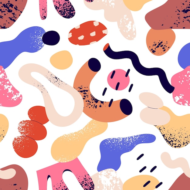 Seamless pattern with abstract shapes. Modern texture with repeating geometric print. Endless background with doodle geometry, random brush strokes, liquid figures. Colored flat vector illustration