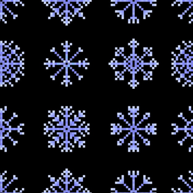 seamless pattern with blue pixel snowflakes on black background winter background