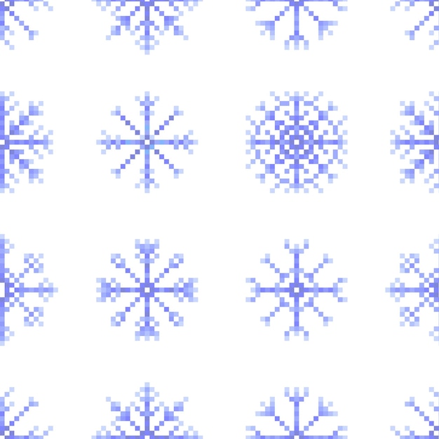 Seamless pattern with blue pixel snowflakes on white background Winter background