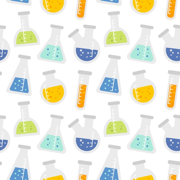 Seamless pattern with cartoon chemical flasks different shapes with colored liquid in flat style