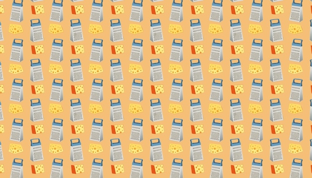 Seamless pattern with cheese and vegetable grater on orange background Vector illustration