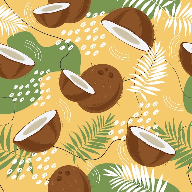 seamless pattern with coconut palm leaves and abstract elements half coconut summer and paradise