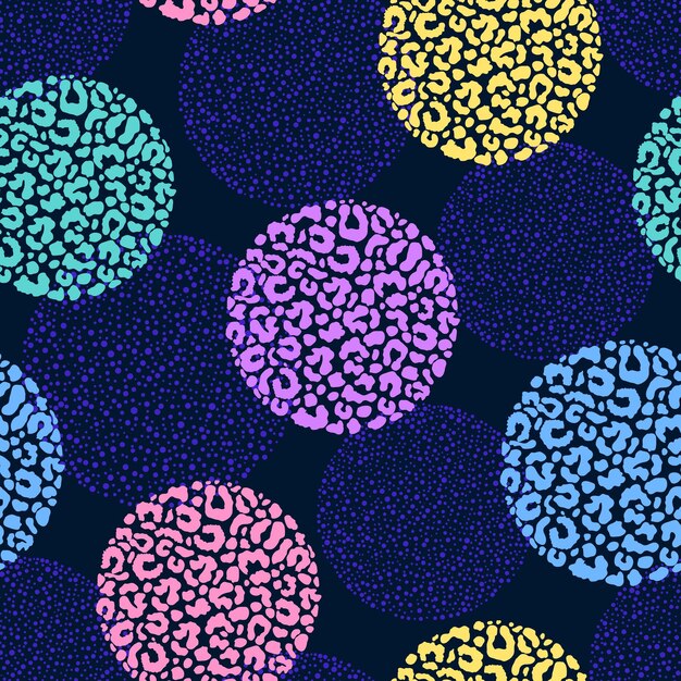 Seamless pattern with color leopard print circles on dark background