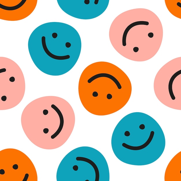 Seamless pattern with colorful hand drawn happy face