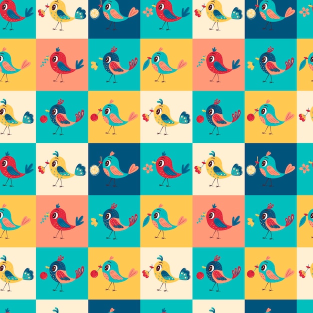 Seamless pattern with cute bright colorful birds with flowers berries and leaves in their beaks on a