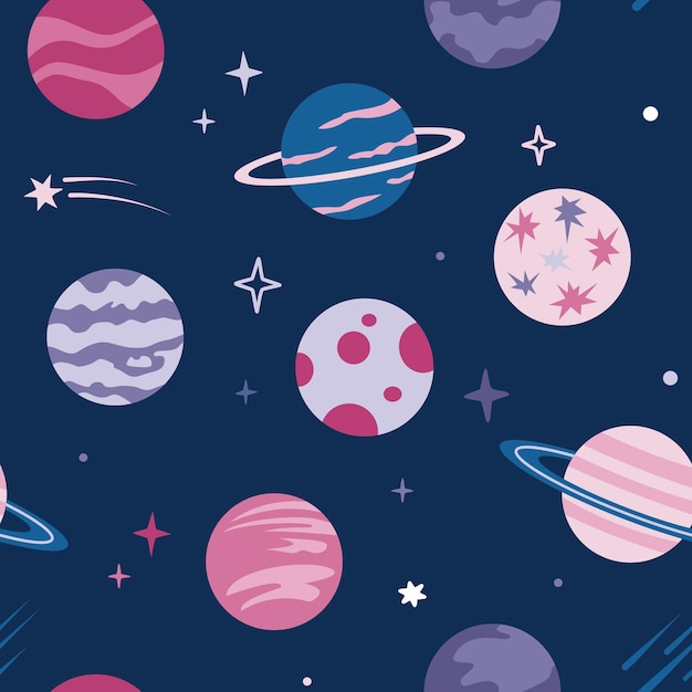Seamless pattern with cute roses and lilac cartoon planets and stars on a dark blue background.