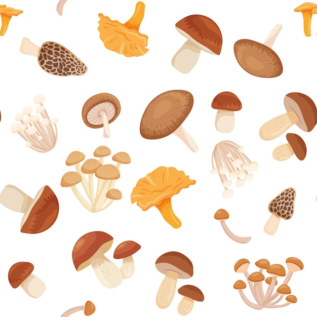 Seamless pattern with edible fresh whole mushrooms for cooking Japanese dishes