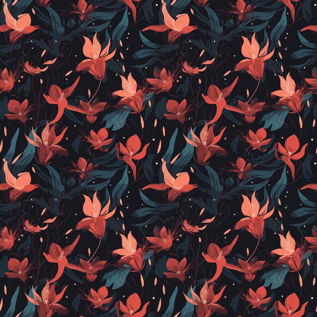 Seamless pattern with flowers and leaves on a dark background.