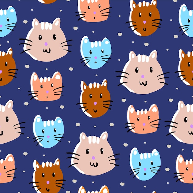 Seamless pattern with hand drawn of cute cat heads in childish style isolated on blue background