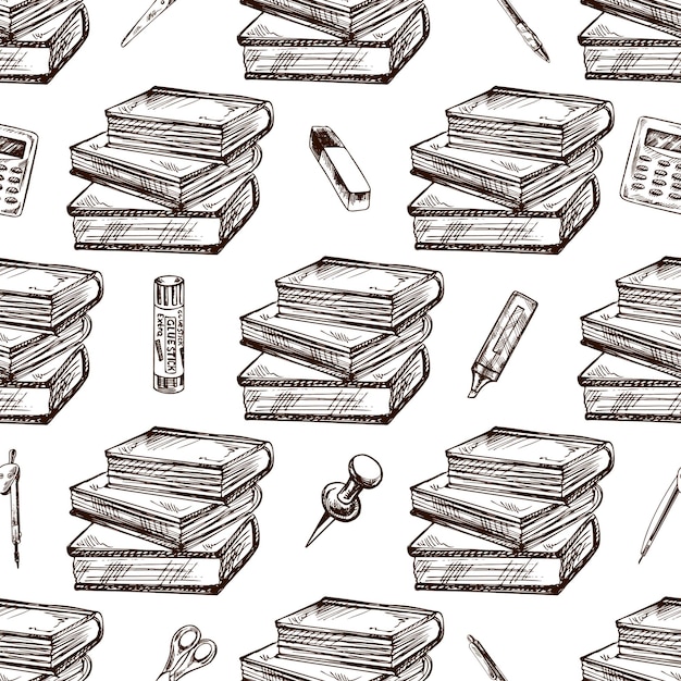 Seamless pattern with hand drawn vintage sketch of stacked books and school supplies