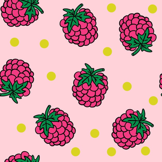 Seamless pattern with messy cartoon doodle linear raspberries isolated on pink background.