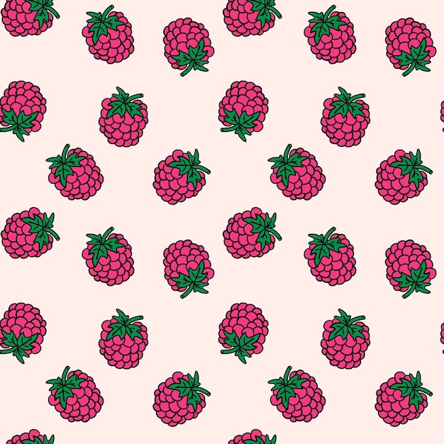 Seamless pattern with messy cartoon doodle linear raspberries isolated on pink background.