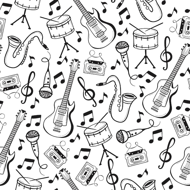 seamless pattern with musical instruments in doodle style