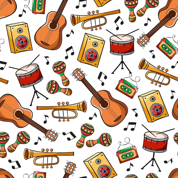 seamless pattern with musical instruments in doodle style