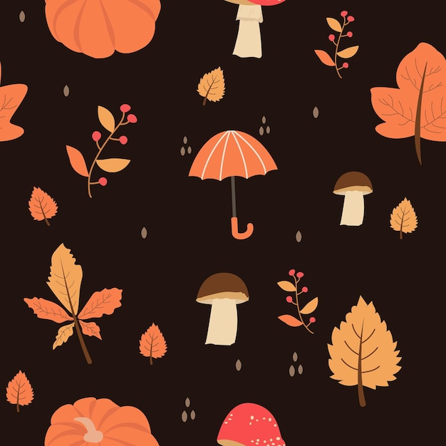 Seamless pattern with orange and yellow autumn leaves with rowan and mushrooms Perfect for wallpaper