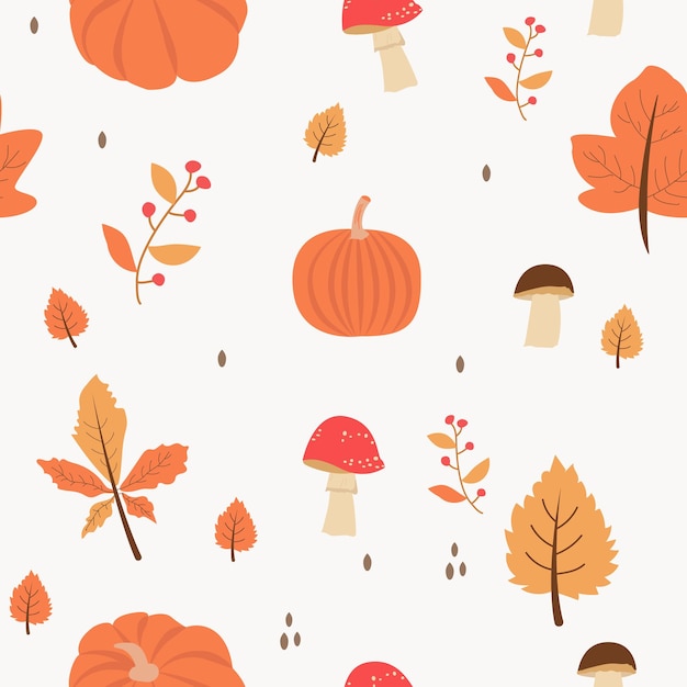 Seamless pattern with orange and yellow autumn leaves with rowan mushrooms and pumpkin