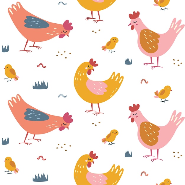 Seamless pattern with poultry in cartoon style