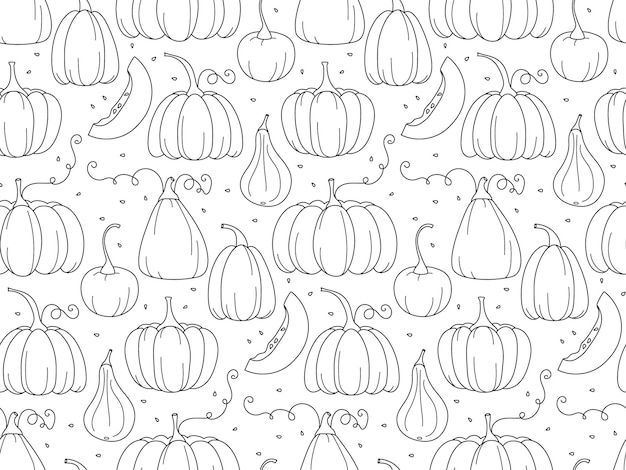 seamless pattern with pumpkins and plants in hand drawn style