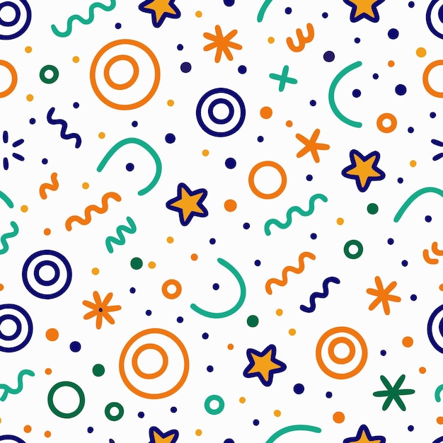 seamless pattern with stars circles and wavy lines in orange green and blue on a white background