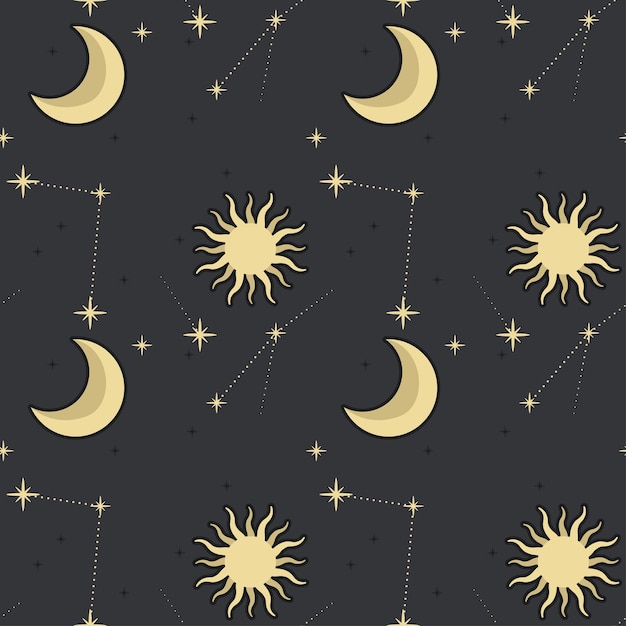 Seamless pattern with sun moon and stars on dark background