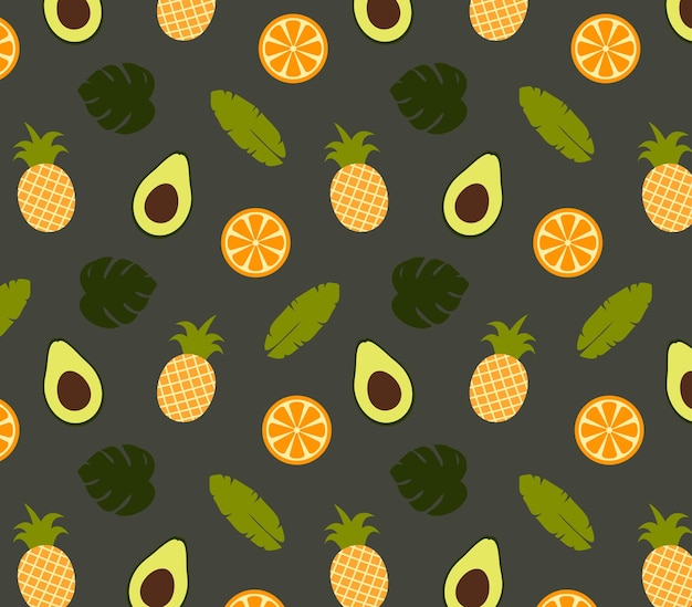 Seamless pattern with tropical fruits oranges pineapples avocados and leaves of tropical plants
