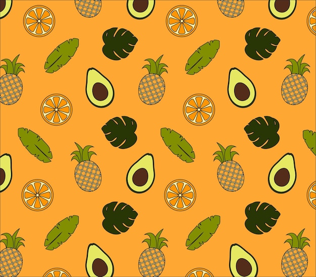 Seamless pattern with tropical fruits oranges pineapples avocados and leaves of tropical plants