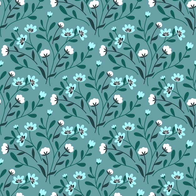 Seamless pattern with wild flowers and leaves flat style