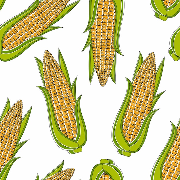 Seamless pattern with yellow corncobs and green leaves Ripe corn vegetables Vector illustration