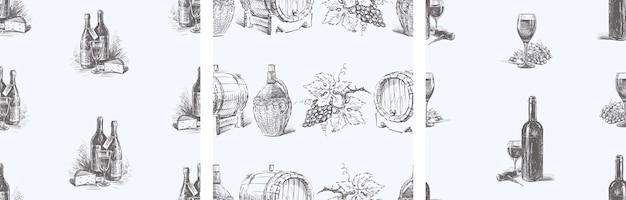 seamless patterns of sketches grape wine bottles barrels wine glasses hand drawings of winemaking