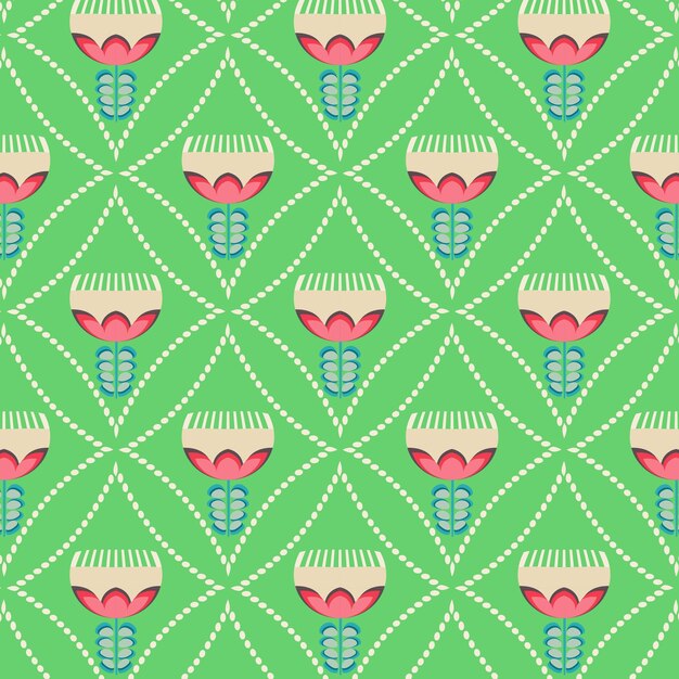 seamless retro floral pattern with pink and blue stylized flowers on green geometric background