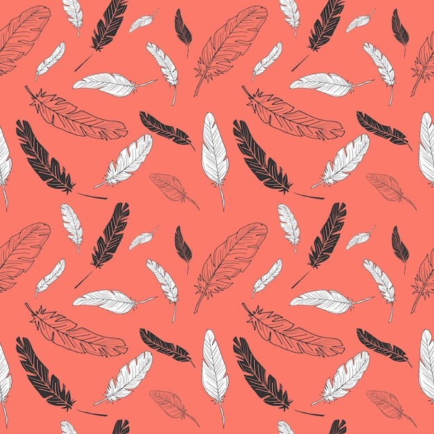 Seamless vector background with different feathers. Stock vector. Orange background.